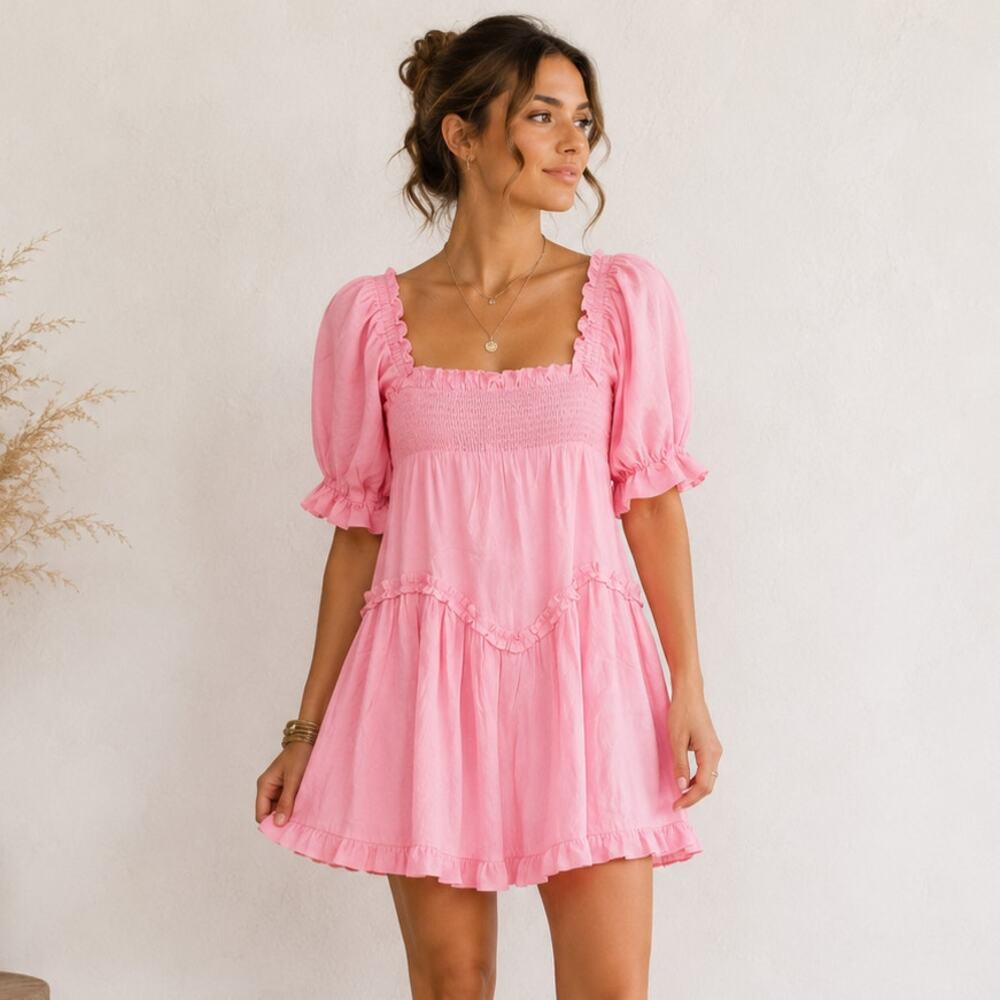 Free the Roses Smocked Mini Dress Womens Size S Pink NWT Boho Coquette Milkmaid